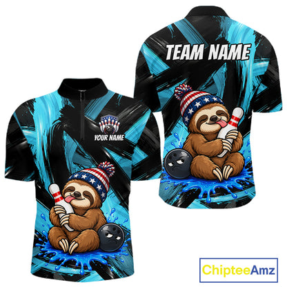 Custom Funny Sloth Mens Bowling Shirt Personalized Name & Team Bowling Polo 1/4-Zip Blue Splash Apparel NYN4419