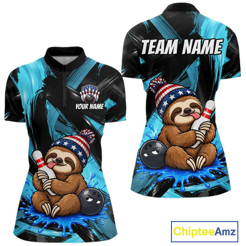 Custom Funny Sloth Women Bowling Shirt Personalized Name & Team Bowling Polo 1/4-Zip Blue Splash Apparel NYN4419