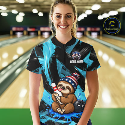 Custom Funny Sloth Women Bowling Shirt Personalized Name & Team Bowling Polo 1/4-Zip Blue Splash Apparel NYN4419