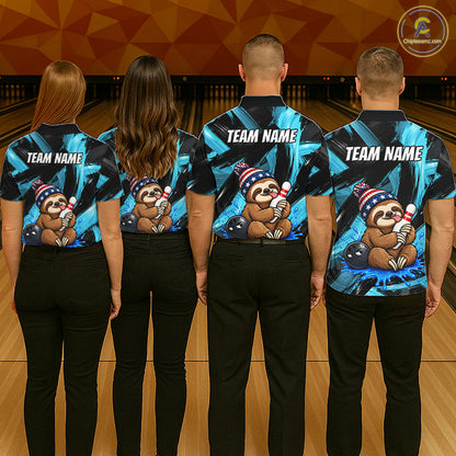 Custom Funny Sloth Women Bowling Shirt Personalized Name & Team Bowling Polo 1/4-Zip Blue Splash Apparel NYN4419