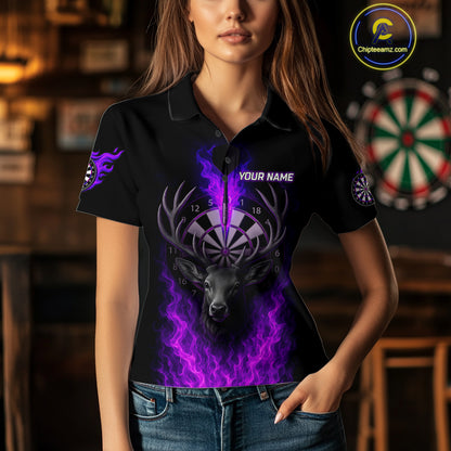 Custom Purple Flames Dartboard Deer Funny Dart Women Polo Shirt Dart Team Jerseys NYN1632