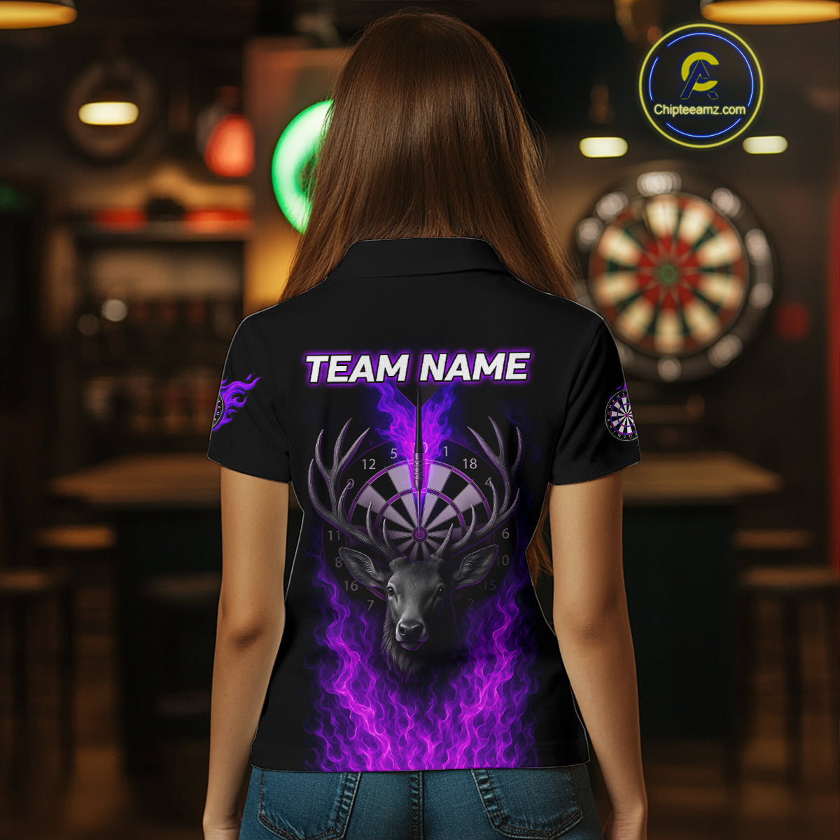 Custom Purple Flames Dartboard Deer Funny Dart Women Polo Shirt Dart Team Jerseys NYN1632