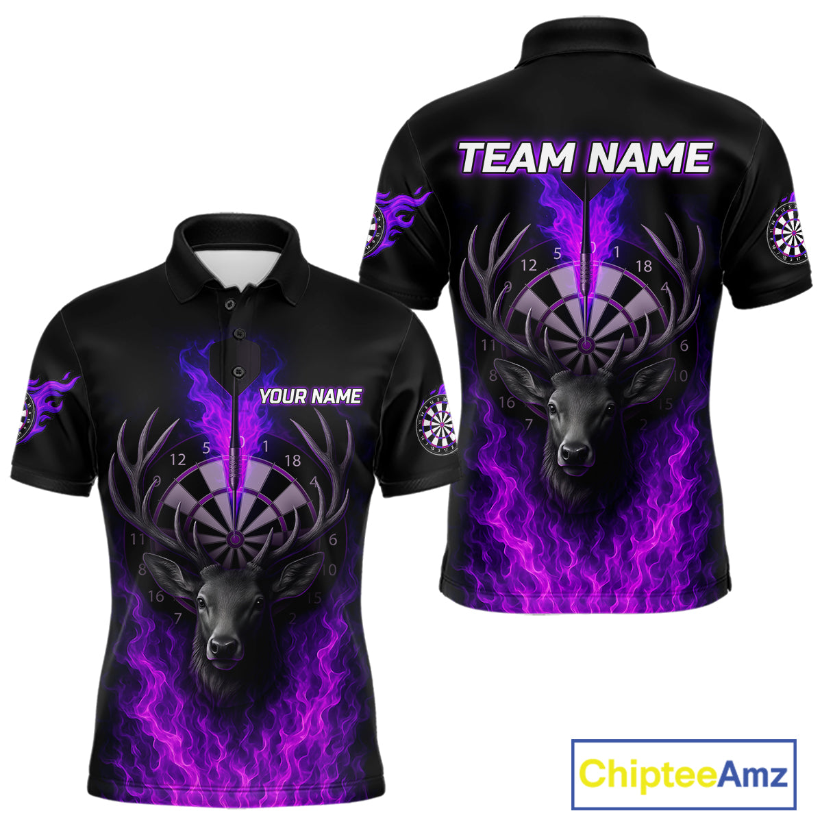 Custom Purple Flames Dartboard Deer Funny Dart Men Polo Shirt Dart Team Jerseys NYN1632