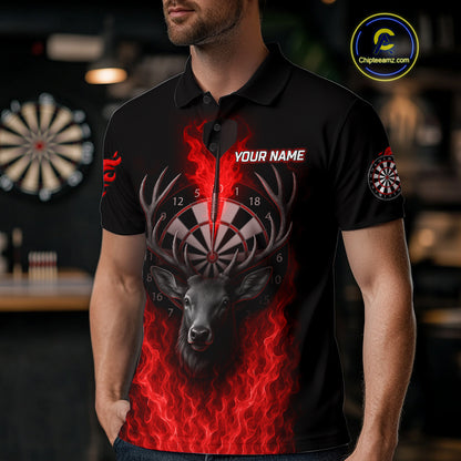 Custom Red Flames Dartboard Deer Funny Dart Men Polo Shirt Dart Team Jerseys NYN1633