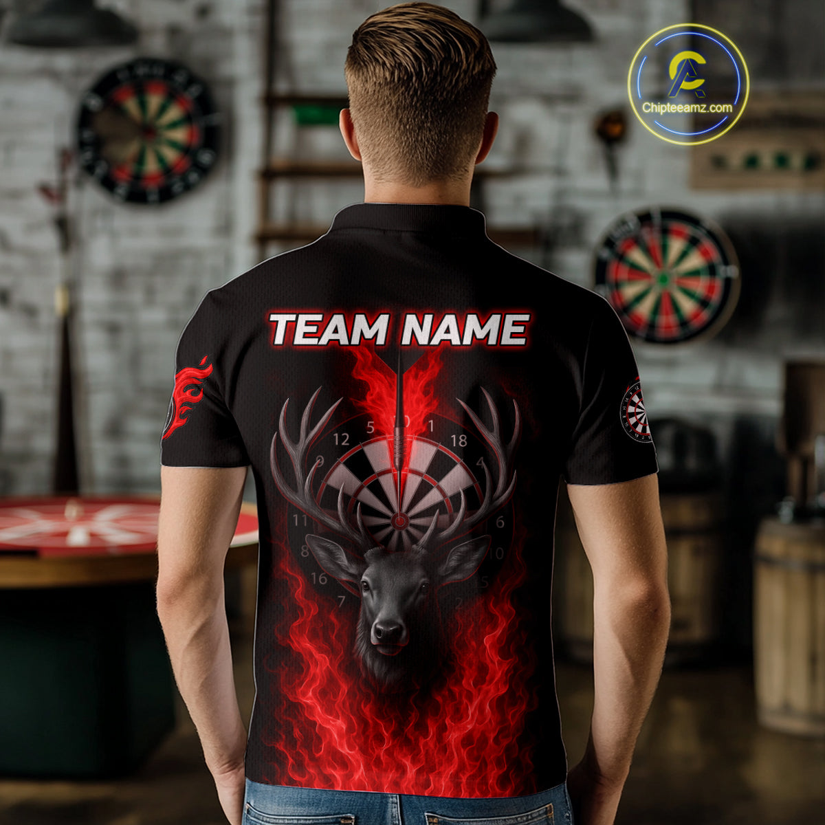 Custom Red Flames Dartboard Deer Funny Dart Men Polo Shirt Dart Team Jerseys NYN1633