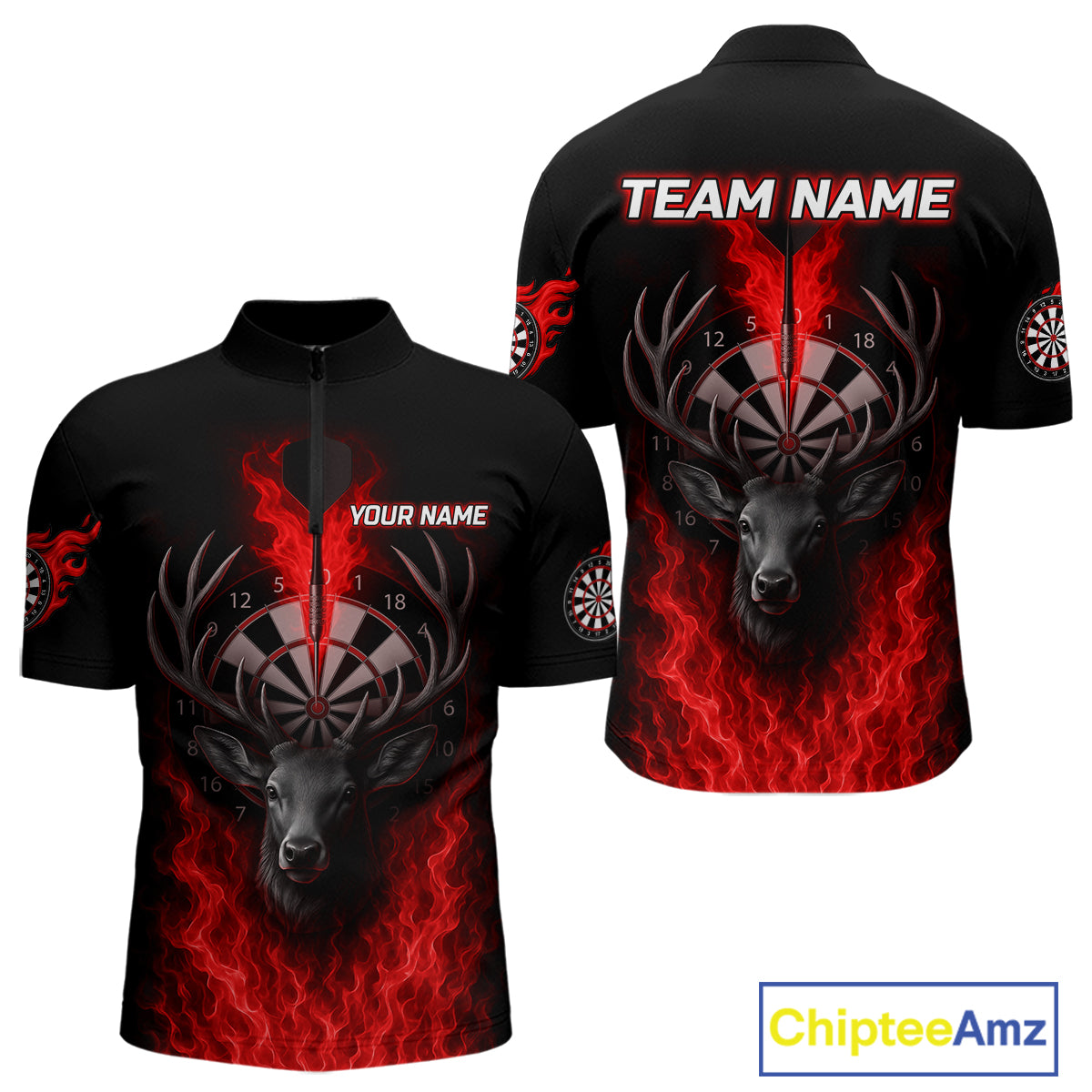 Custom Red Flames Dartboard Deer Funny Dart Men 1/4-Zip Shirt Dart Team Jerseys NYN1633