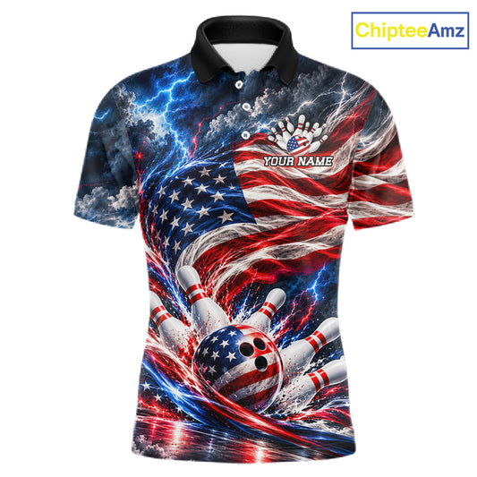US Flag Bowling Polo 1/4-Zip Shirt For Men Custom Patriot Lightning Bowling Tournament Jersey NYN4812