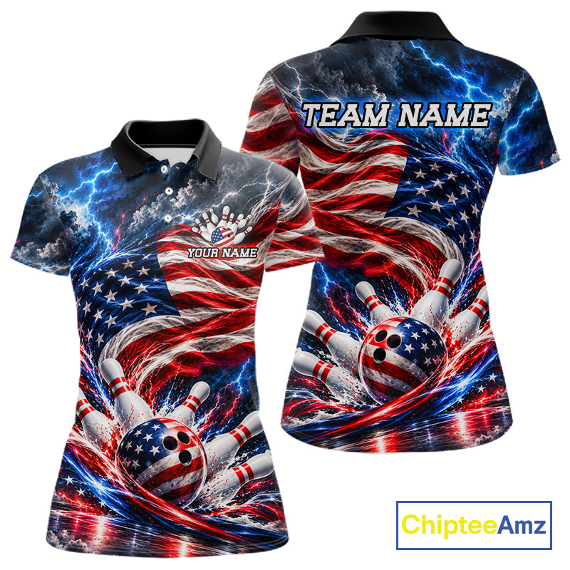 US Flag Bowling Polo 1/4-Zip Shirt For Women Custom Patriot Lightning Bowling Tournament Jersey NYN4812