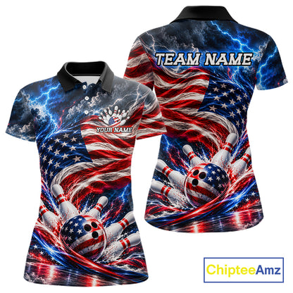US Flag Bowling Polo 1/4-Zip Shirt For Women Custom Patriot Lightning Bowling Tournament Jersey NYN4812