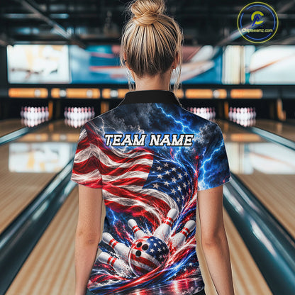 US Flag Bowling Polo 1/4-Zip Shirt For Women Custom Patriot Lightning Bowling Tournament Jersey NYN4812
