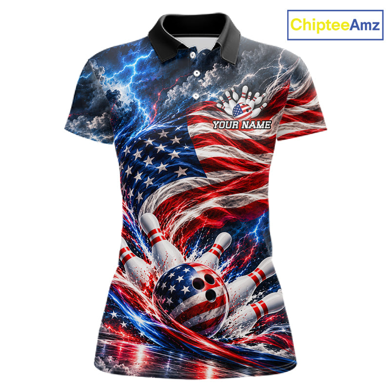 US Flag Bowling Polo 1/4-Zip Shirt For Women Custom Patriot Lightning Bowling Tournament Jersey NYN4812