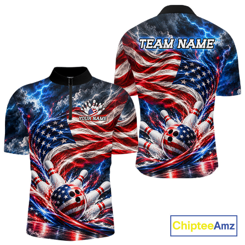 US Flag Bowling Polo 1/4-Zip Shirt For Men Custom Patriot Lightning Bowling Tournament Jersey NYN4812