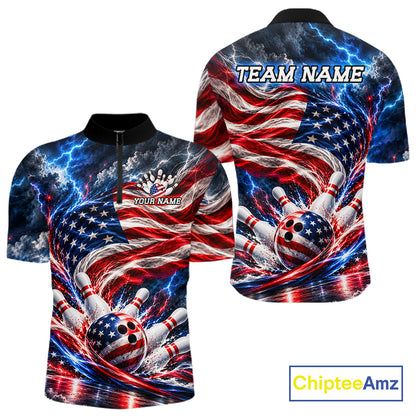 US Flag Bowling Polo 1/4-Zip Shirt For Men Custom Patriot Lightning Bowling Tournament Jersey NYN4812