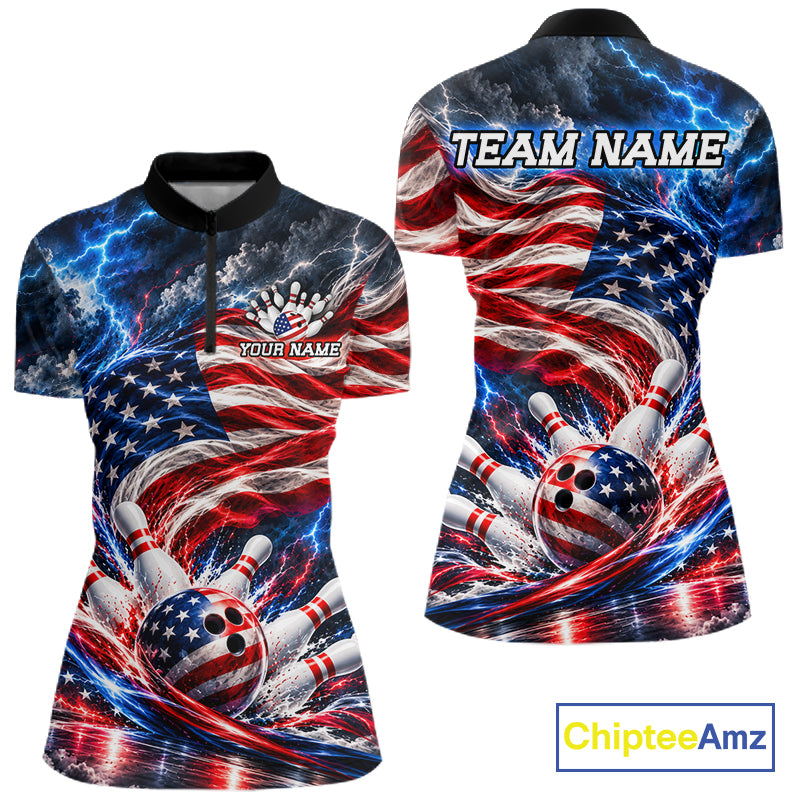 US Flag Bowling Polo 1/4-Zip Shirt For Women Custom Patriot Lightning Bowling Tournament Jersey NYN4812