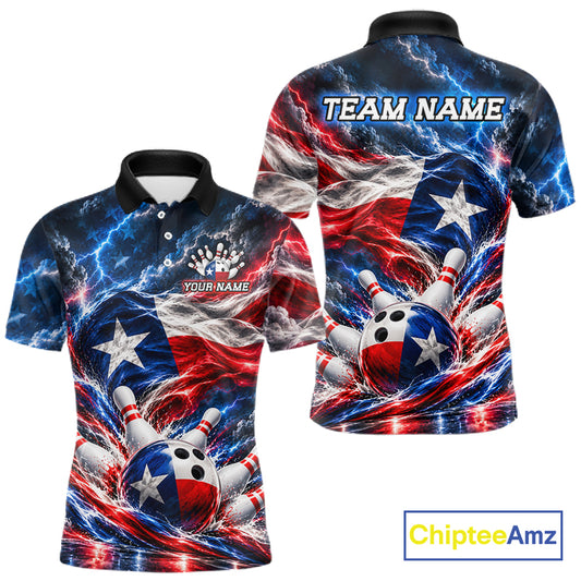Texas Flag Bowling Polo 1/4-Zip Shirt For Men Custom Patriot Lightning Bowling Tournament Jersey NYN4813