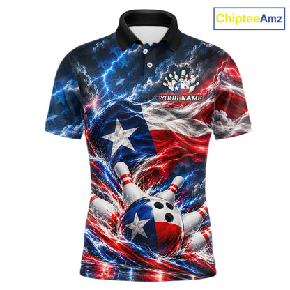 Texas Flag Bowling Polo 1/4-Zip Shirt For Men Custom Patriot Lightning Bowling Tournament Jersey NYN4813