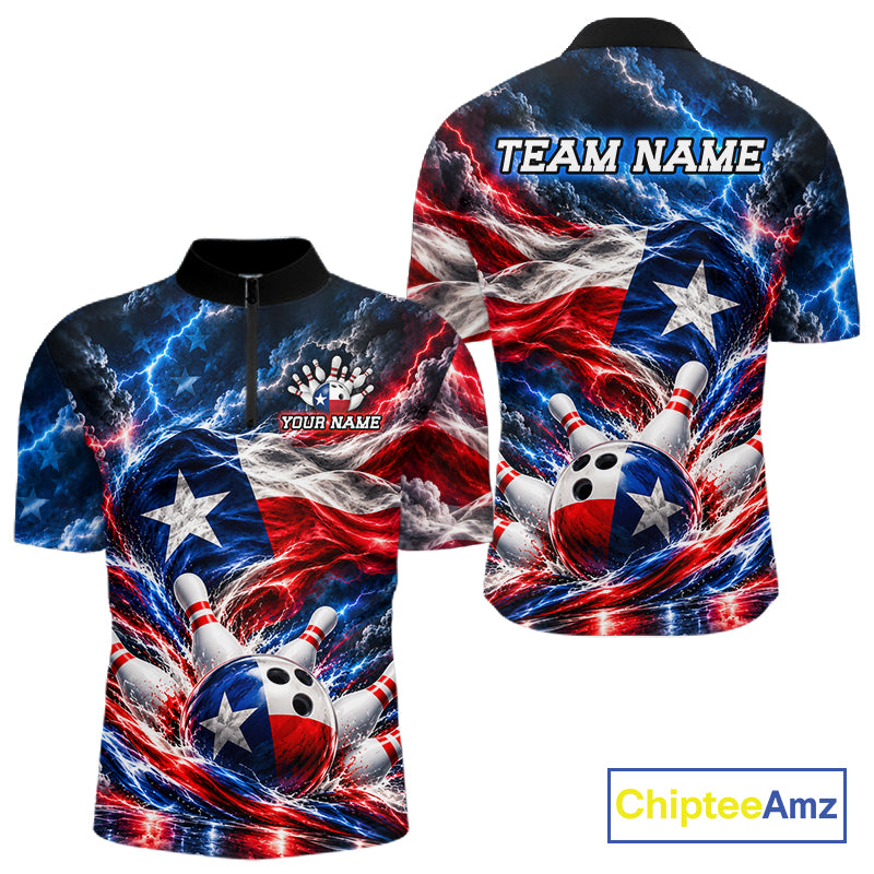 Texas Flag Bowling Polo 1/4-Zip Shirt For Men Custom Patriot Lightning Bowling Tournament Jersey NYN4813