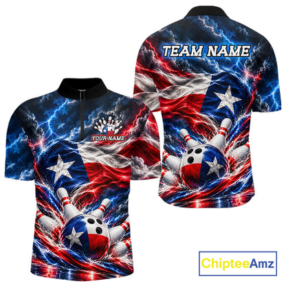 Texas Flag Bowling Polo 1/4-Zip Shirt For Men Custom Patriot Lightning Bowling Tournament Jersey NYN4813