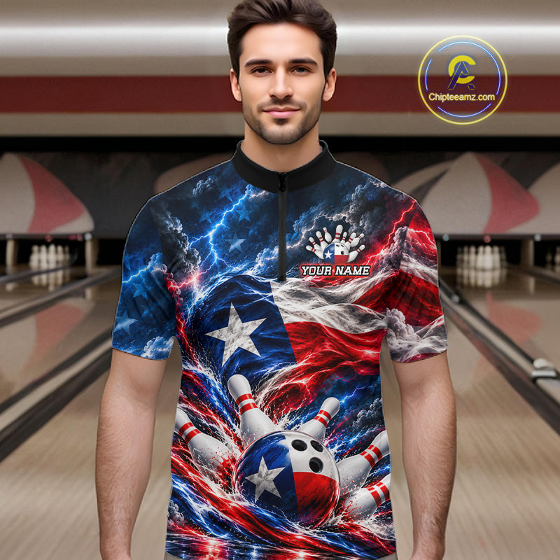 Texas Flag Bowling Polo 1/4-Zip Shirt For Men Custom Patriot Lightning Bowling Tournament Jersey NYN4813