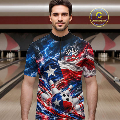 Texas Flag Bowling Polo 1/4-Zip Shirt For Men Custom Patriot Lightning Bowling Tournament Jersey NYN4813
