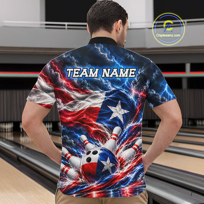 Texas Flag Bowling Polo 1/4-Zip Shirt For Men Custom Patriot Lightning Bowling Tournament Jersey NYN4813