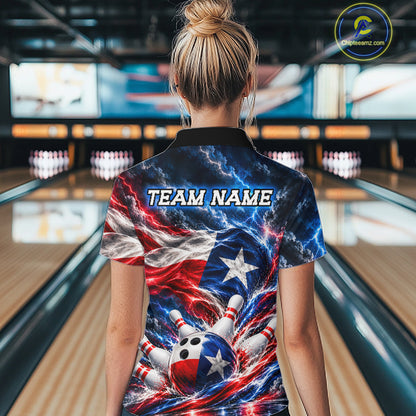 Texas Flag Bowling Polo 1/4-Zip Shirt For Women Custom Patriot Lightning Bowling Tournament Jersey NYN4813