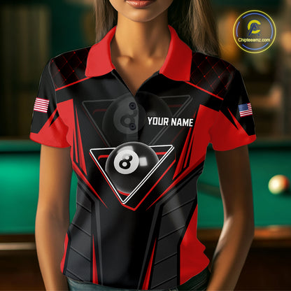 Black And Red Billiard Ball Pool Women Polo & 1/4-Zip Shirt Custom 8 Ball 3D Billiards Jerseys NYN2451