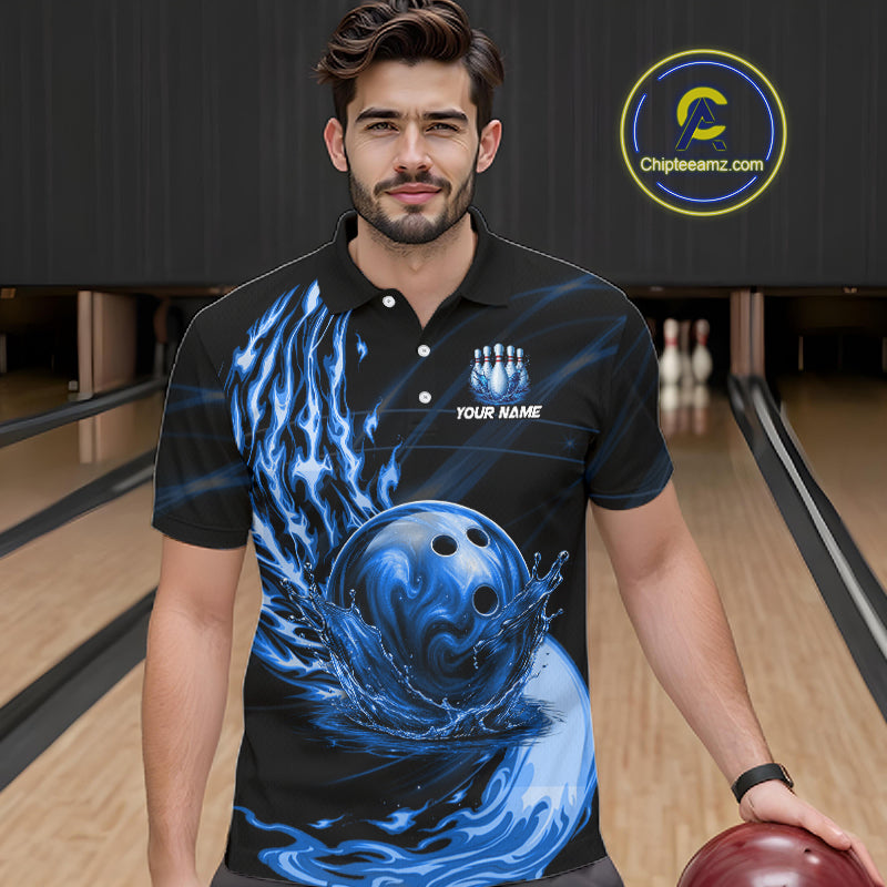 Male model wearing blue water flame bowling ball and pins shirt custom bowling team jersey for league bowlers