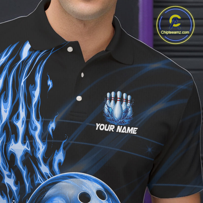 Male model wearing blue water flame bowling ball and pins shirt custom bowling team jersey for league bowlers