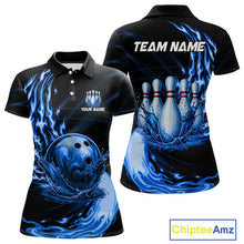 Load image into Gallery viewer, Women's blue water flame bowling ball and pins polo shirt mockup custom bowling team jersey