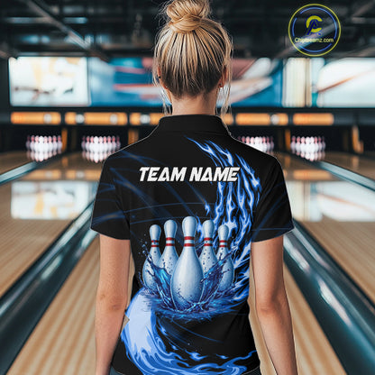 Female model wearing blue water flame bowling ball and pins shirt custom bowling team jersey for league bowlers