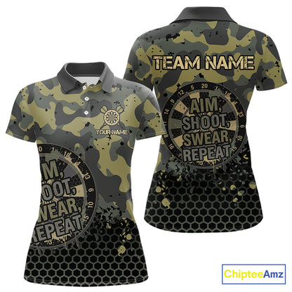 Custom Dart Shirt For Women Green Camo Aim Shoot Swear Repeat Jersey Personalized Darts Player Gift NYN4423
