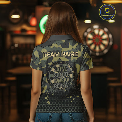 Custom Dart Shirt For Women Green Camo Aim Shoot Swear Repeat Jersey Personalized Darts Player Gift NYN4423