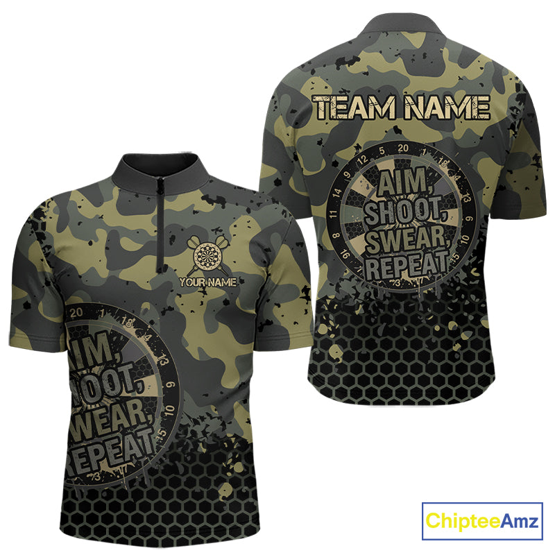 Custom Dart Shirt For Men Green Camo Aim Shoot Swear Repeat Jersey Personalized Darts Player Gift NYN4423