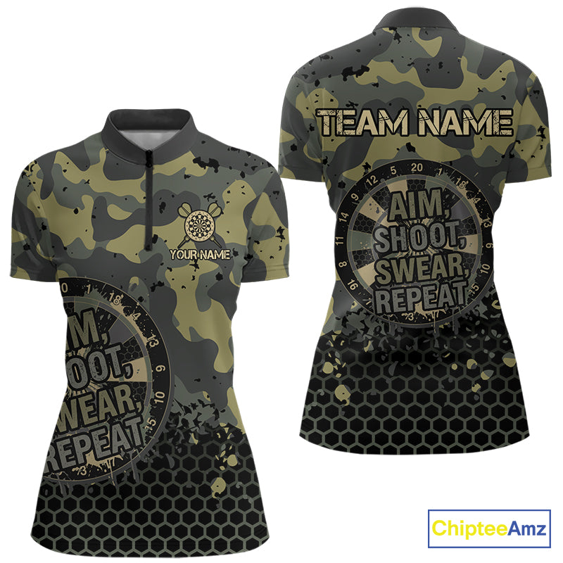 Custom Dart Shirt For Women Green Camo Aim Shoot Swear Repeat Jersey Personalized Darts Player Gift NYN4423