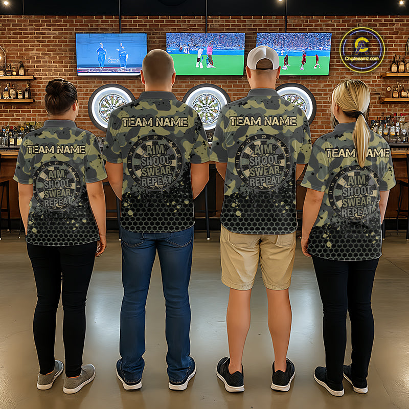 Custom Dart Shirt For Men Green Camo Aim Shoot Swear Repeat Jersey Personalized Darts Player Gift NYN4423