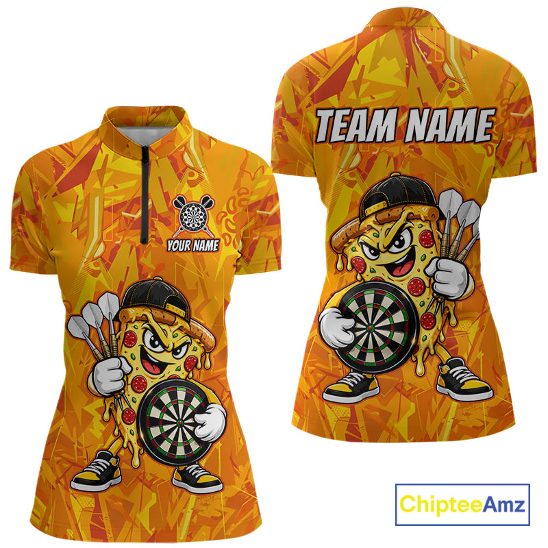 Personalized Funny Pizza Darts Polo & 1/4-Zip Shirt For Women Custom Sliced Pizza Dart Team Dart Jerseys NYN4439