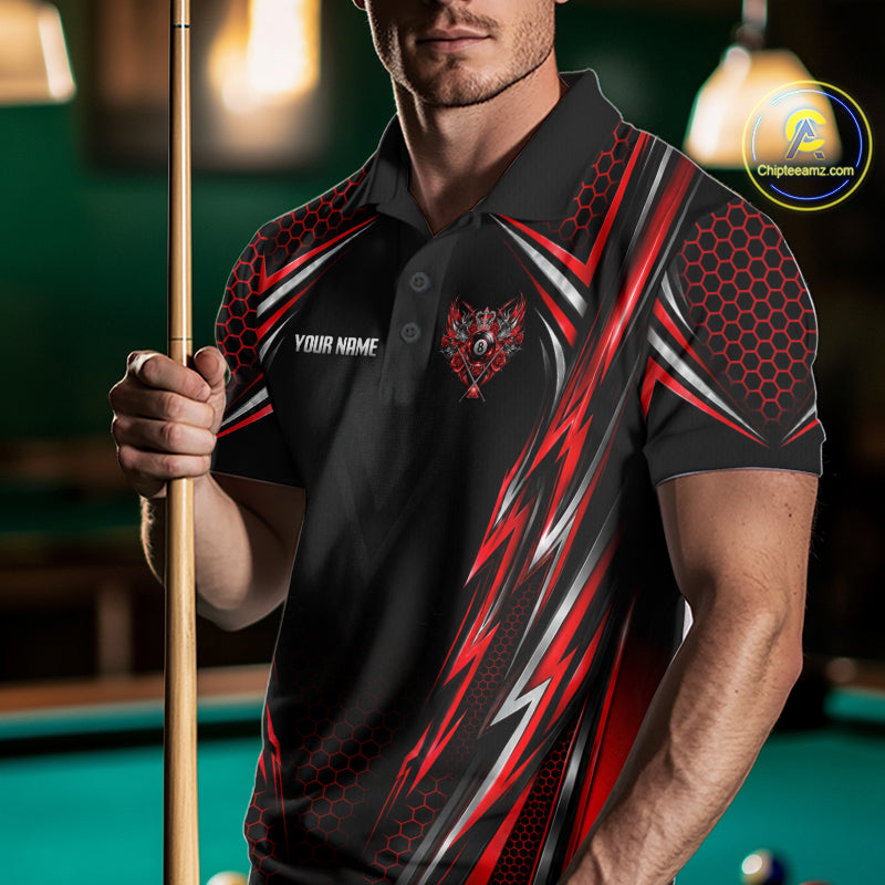 Custom Red & Silver 8 Ball Billiard Polo 1/4-Zip For Men Crown Roses Pool Billiard Shirt Jersey NYN4821