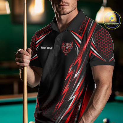 Custom Red & Silver 8 Ball Billiard Polo 1/4-Zip For Men Crown Roses Pool Billiard Shirt Jersey NYN4821