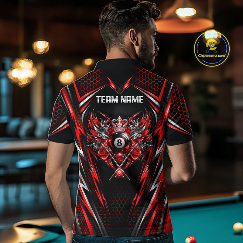 Custom Red & Silver 8 Ball Billiard Polo 1/4-Zip For Men Crown Roses Pool Billiard Shirt Jersey NYN4821