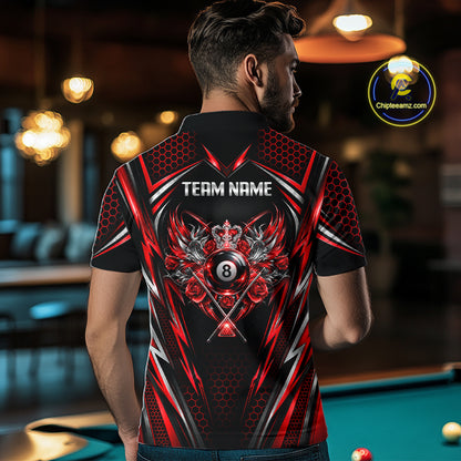 Custom Red & Silver 8 Ball Billiard Polo 1/4-Zip For Men Crown Roses Pool Billiard Shirt Jersey NYN4821