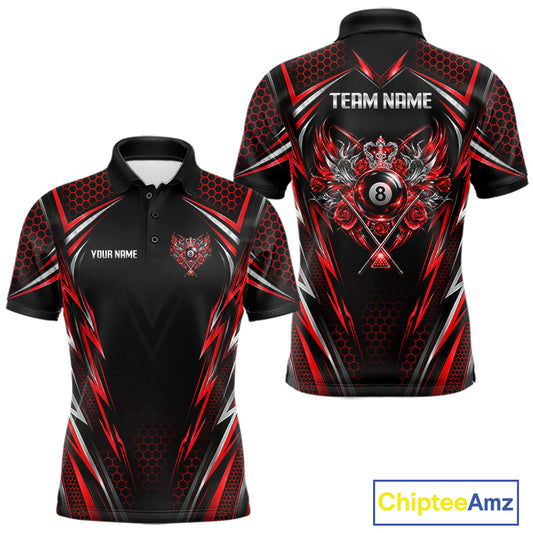 Custom Red & Silver 8 Ball Billiard Polo 1/4-Zip For Men Crown Roses Pool Billiard Shirt Jersey NYN4821