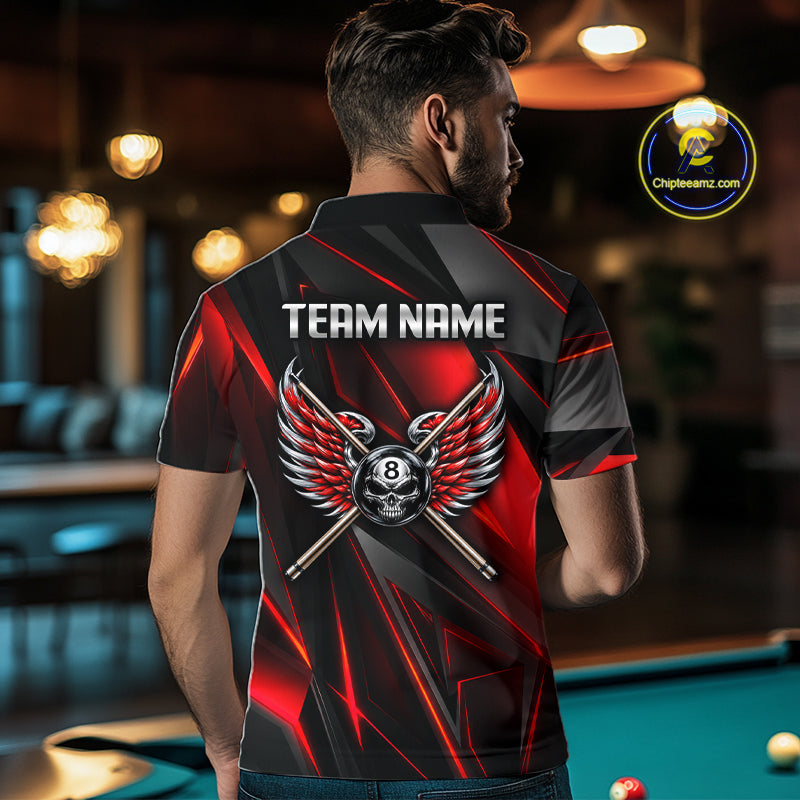 Custom Wings Cue 8 Ball Skull Pool Billiard Shirt For Men Red Geometric Billiard Tournament Shirt NYN4824