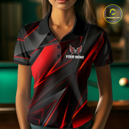 Custom Wings Cue 8 Ball Skull Pool Billiard Shirt For Women Red Geometric Billiard Tournament Shirt NYN4824