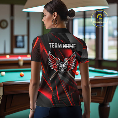 Custom Wings Cue 8 Ball Skull Pool Billiard Shirt For Women Red Geometric Billiard Tournament Shirt NYN4824