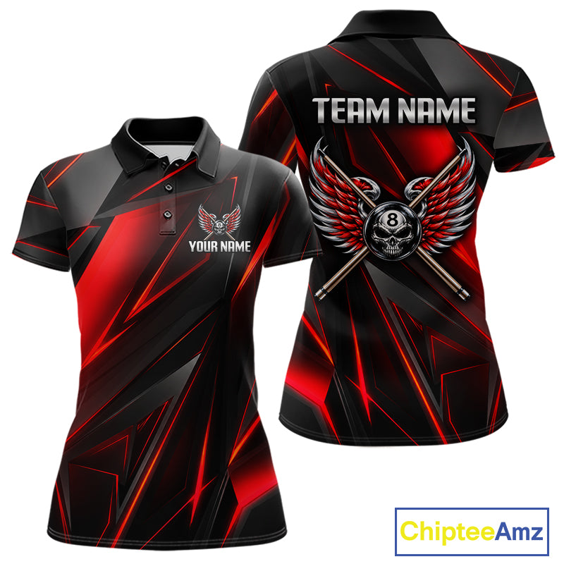 Custom Wings Cue 8 Ball Skull Pool Billiard Shirt For Women Red Geometric Billiard Tournament Shirt NYN4824