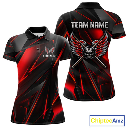Custom Wings Cue 8 Ball Skull Pool Billiard Shirt For Women Red Geometric Billiard Tournament Shirt NYN4824
