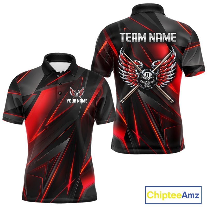 Custom Wings Cue 8 Ball Skull Pool Billiard Shirt For Men Red Geometric Billiard Tournament Shirt NYN4824