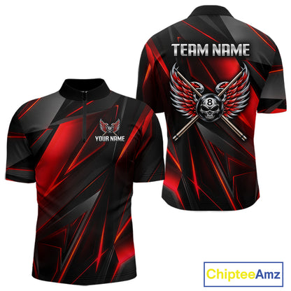 Custom Wings Cue 8 Ball Skull Pool Billiard Shirt For Men Red Geometric Billiard Tournament Shirt NYN4824