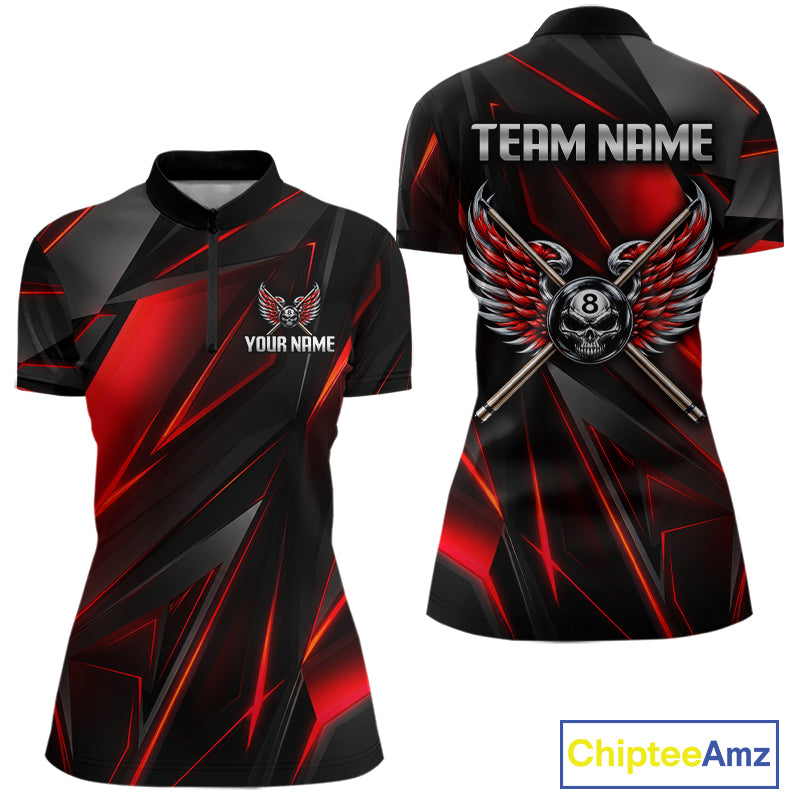 Custom Wings Cue 8 Ball Skull Pool Billiard Shirt For Women Red Geometric Billiard Tournament Shirt NYN4824